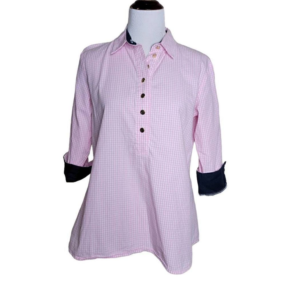 Haley and the Hound Check Button Down Roll Sleeve Shirt Pink White Navy Medium